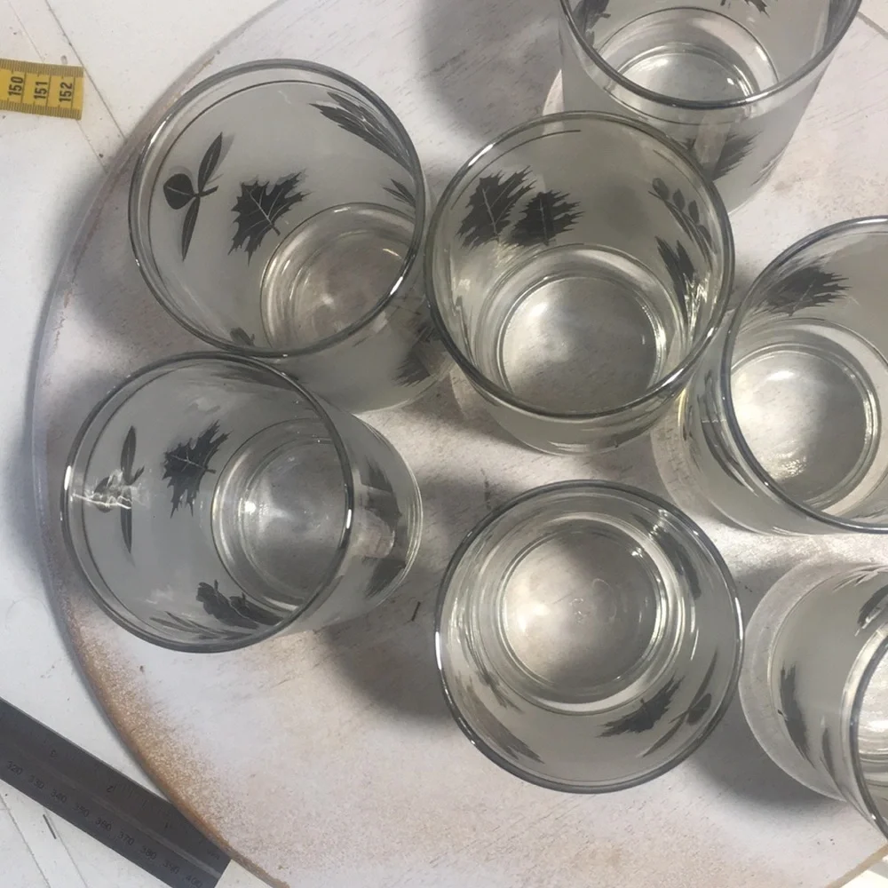 Vintage MCM Libby silver frosted glass set Botanical. 7 glasses